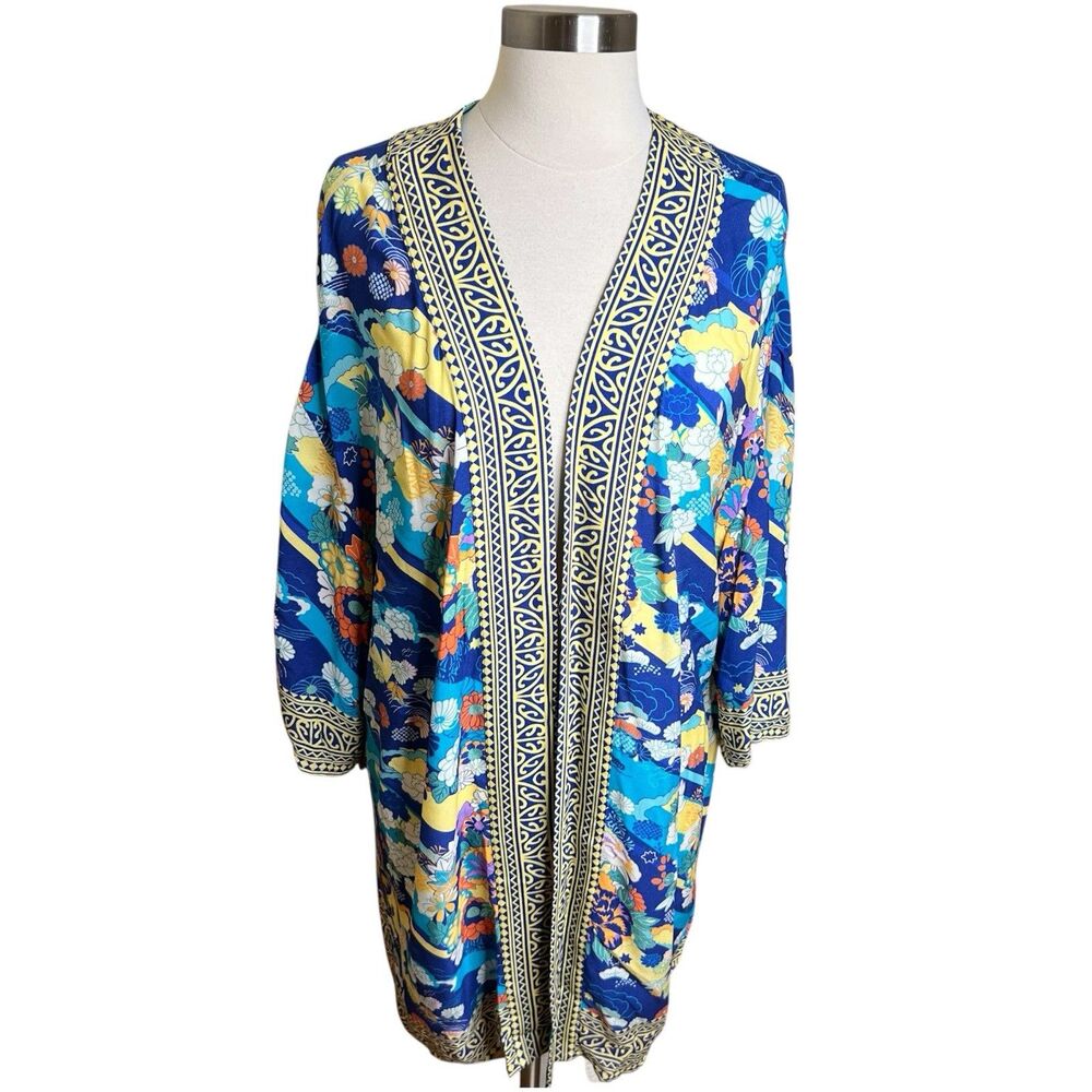 Soft Surroundings Topper Kimono S/M Royale Blue Pyrenees Vibrant Florals Boho